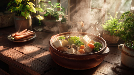Tofu and vegetable hotpot steam rising from clay pot