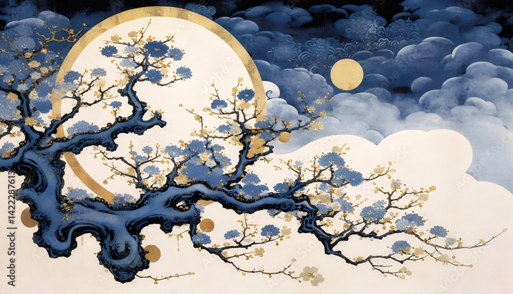 Aufkleber 夜空に浮かぶ満月と青い花咲く木の枝の美しい風景画