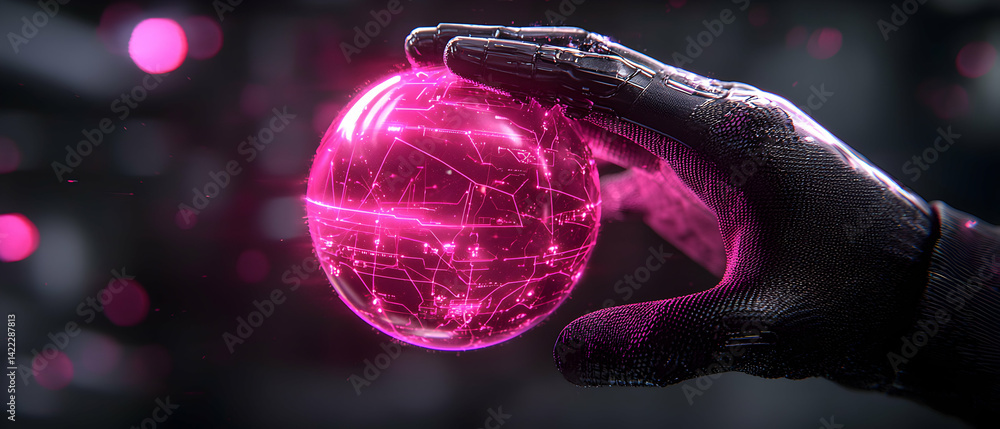 Poster a futuristic hand cradles a glowing pink sphere pulsing with energy and intricate circuits. use it f
