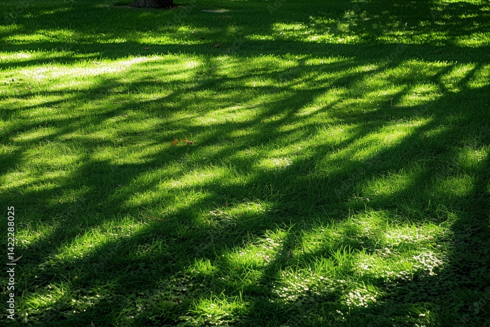 Poster a close-up view of dappled sunlight and shadows cast by tree branches on a vibrant green lawn, playf