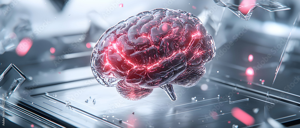 Poster a futuristic brain illustration glowing red in a digital environment. suggests innovation artificial