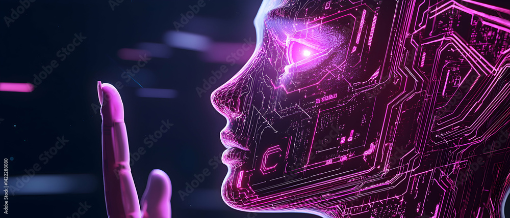 Aufkleber a futuristic image of a digital face and robotic hand in vibrant pinks and purples evoking advanced 
