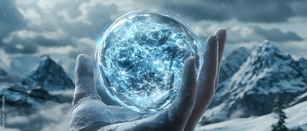 Poster a hand holds a glowing sphere showcasing a network of energy. this evokes themes of magic and techno