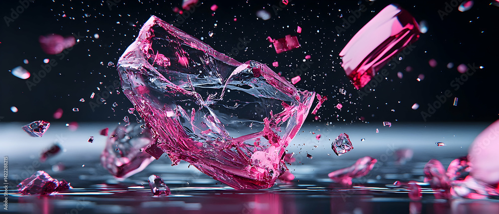Poster a vibrant abstract composition showcasing shattering crystalline forms. ideal for visualizing breaki