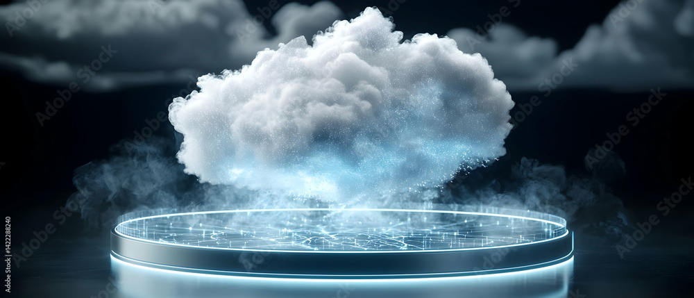 Poster a digital cloud concept with a glowing platform. use it to represent cloud computing data storage or