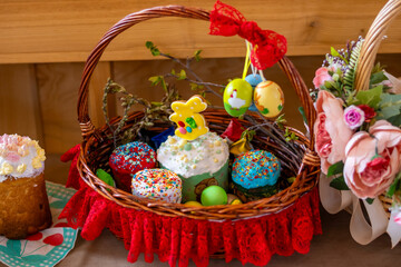 Easter food basket for blessing in church, catholic eastern european custom with eggs, spring...