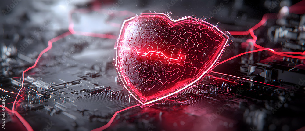 Poster an abstract image of a glowing heart on a circuit board. it could symbolize digital health or cyber 