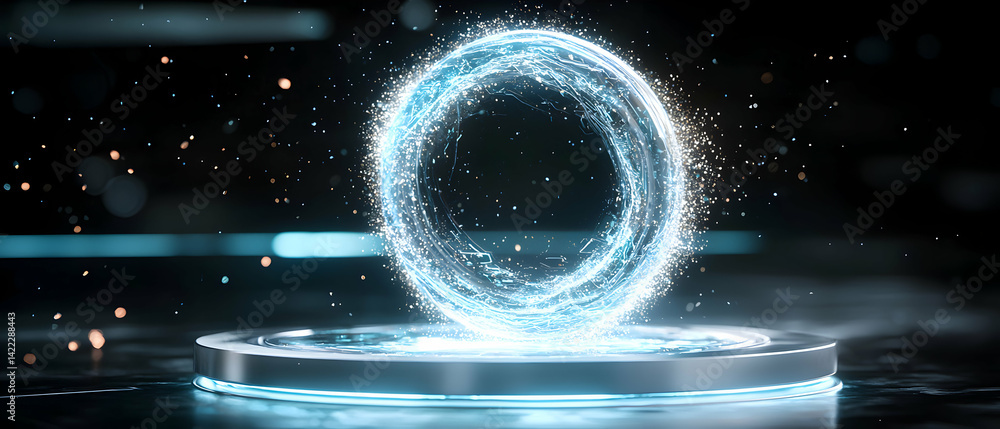 Poster abstract depiction of a glowing energy ring above a metallic platform. suggests a futuristic technol