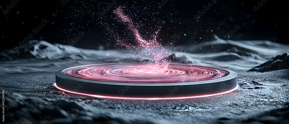 Aufkleber a glowing energy platform surrounded by a desolate landscape. could be used in sci-fi concept art or
