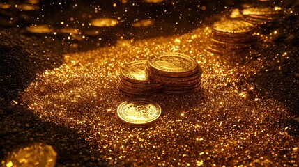 Golden coins and nuggets sparkle in a dark treasure trove.