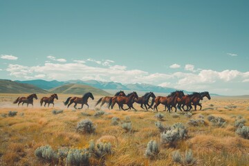 A herd of wild horses runs freely across a wide expanse of grassy plains under a clear blue sky, A herd of wild horses running freely across a grassy plain