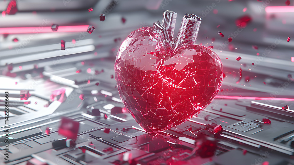 Poster a futuristic heart made of glowing red crystal shards floats above a metallic surface. use it as a s