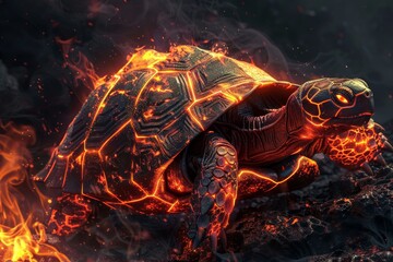 A fiery turtle made of molten lava glows red hot against a dark background, A turtle made of molten lava, glowing red hot against a dark background
