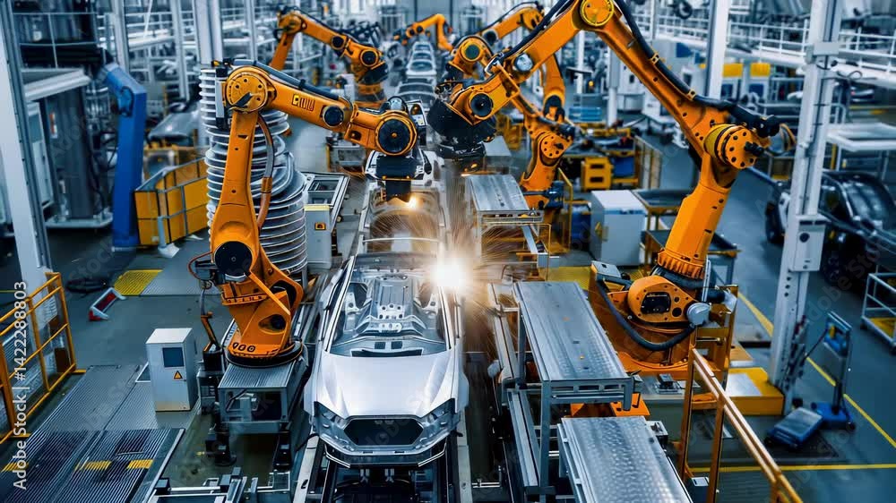 Poster A bright, modern factory with robots welding a car on an assembly line. The robots are working on a chassis, demonstrating modern manufacturing. Conveyor belts move the vehicle along the assembly line