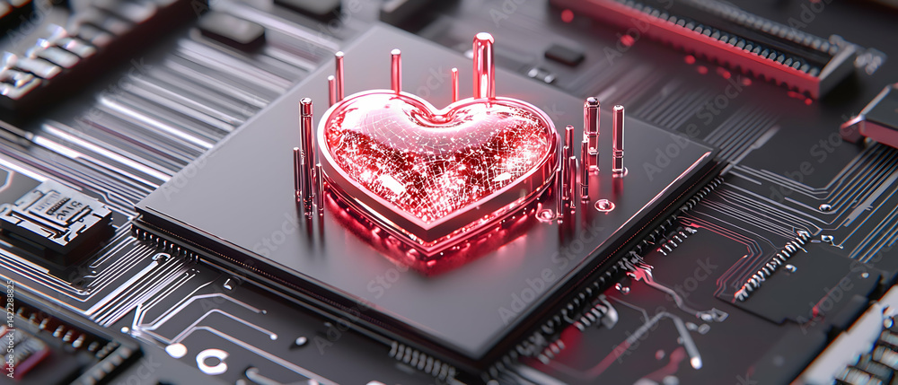 Aufkleber a glowing heart shape on a circuit board represents digital love technology and connection. ideal fo