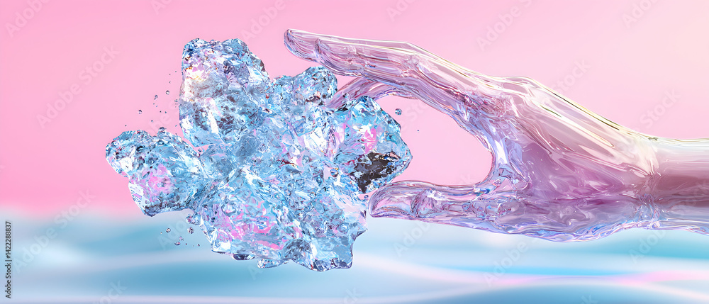 Poster an artistic rendering depicts a transparent hand grasping a fractured water mass against a soft pink
