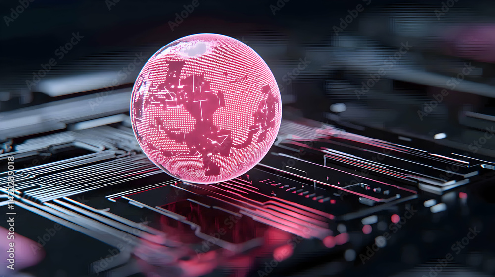 Poster a digital globe rests on a circuit board symbolizing global connectivity and data transmission. suit