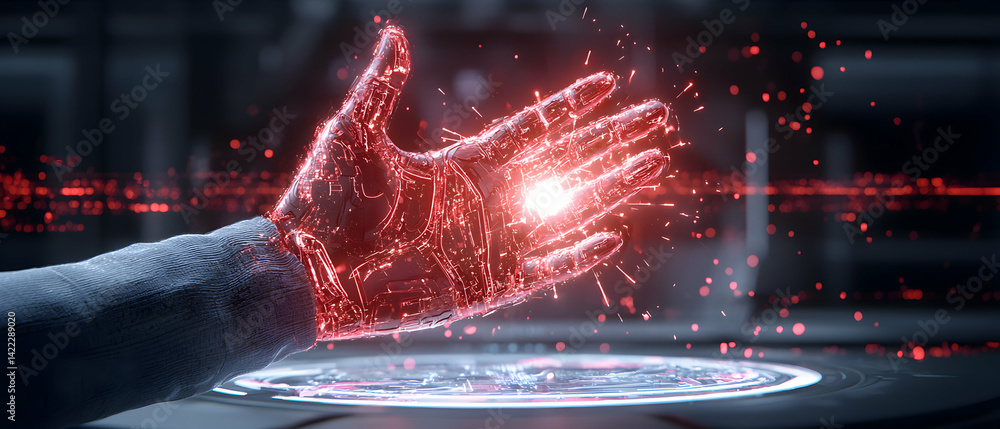 Poster a futuristic digital hand glows brightly. the design shows a glowing circuit pattern. perfect for sc
