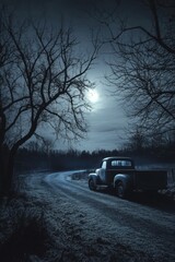 Old truck on dark dirt road at night, tree in distance silhouetted against moonlit sky