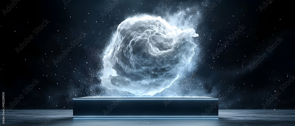 Poster a futuristic display featuring an ethereal cloud floating above a glowing platform. ideal for tech p