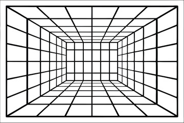 Abstract Illusion of Perspective Grid Room with Black Lines on White Background