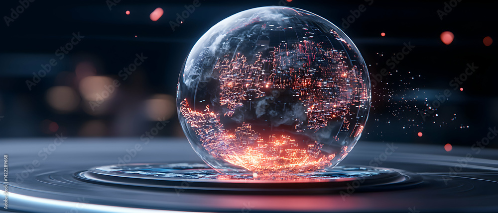 Poster a futuristic globe showcasing a city inside a glass sphere. perfect for technology sci-fi or data vi