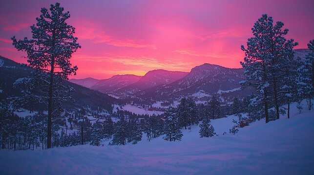 Pink winter sunrise over snow-covered mountains