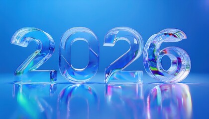 colorful 2026 transparent glass numbers with vibrant reflections for new year designs, branding, and web media