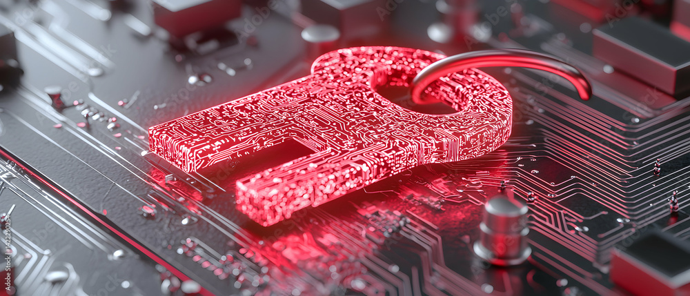 Aufkleber an illuminated padlock made of electronic circuits representing data security and cybersecurity. sug