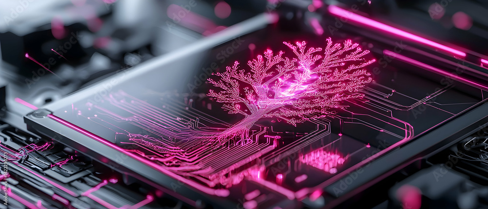 Poster an artistic representation of technology featuring a glowing tree on a circuit board. suggests ai de