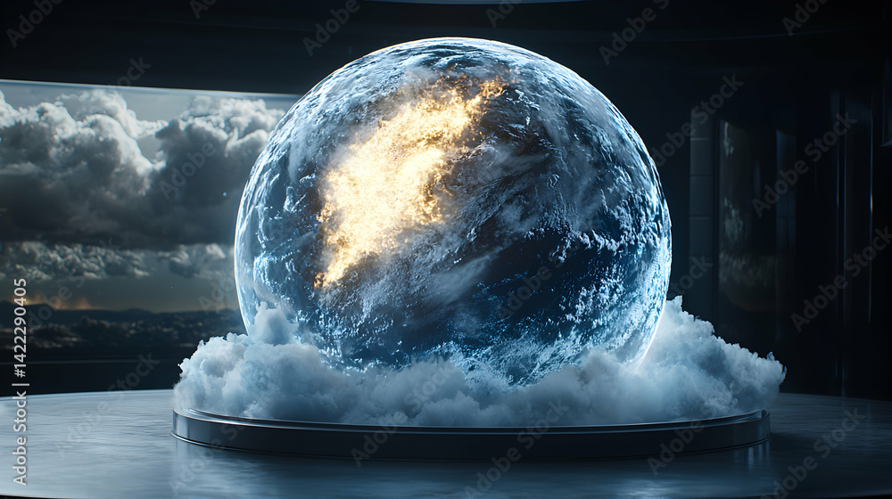Poster a futuristic image depicts a globe with energy patterns. suggesting advanced technology or a visual 
