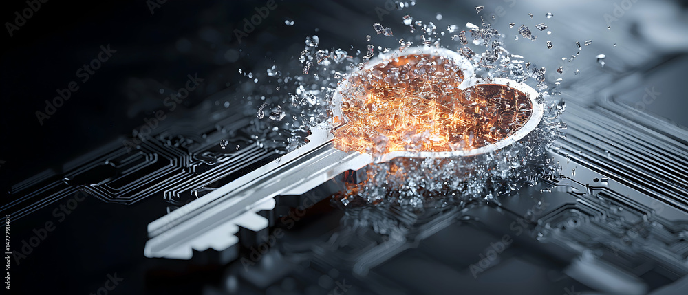 Aufkleber a digital key shatters revealing a glowing core. suggests security technology encryption decryption 