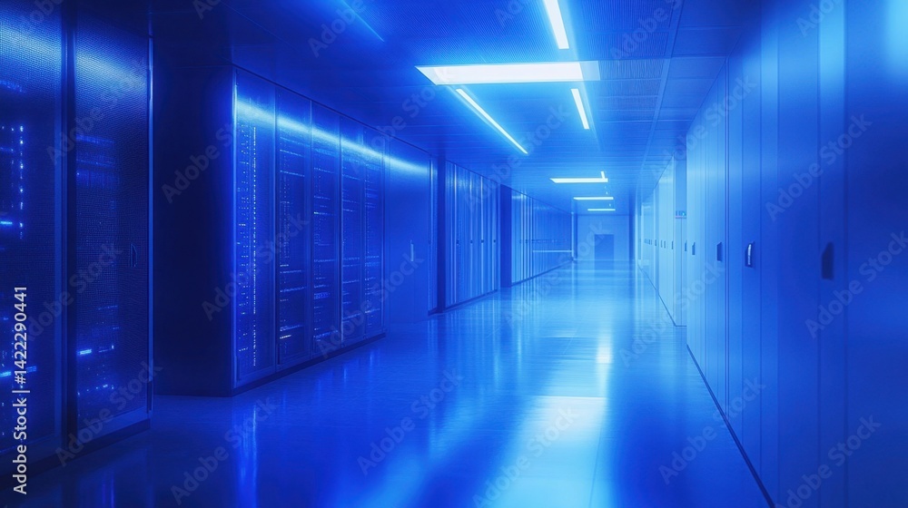 Poster modern data center with blue lighting and server racks for advanced technology and secure data stora