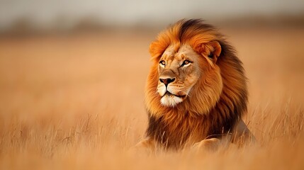 Obraz premium Majestic Lion's Gaze: A solitary lion rests regally in a field of tall grass, its intense stare capturing the spirit of the wild. The warm, golden light enhances the striking colors of its mane.