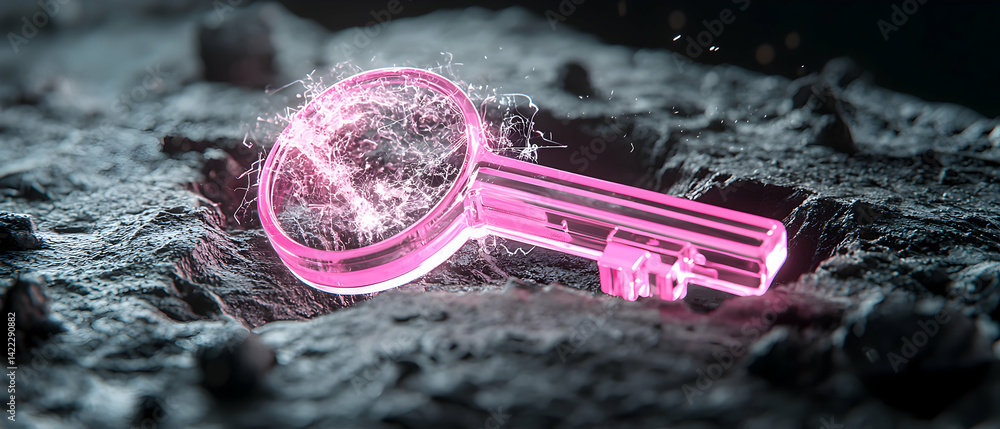 Poster a glowing pink key resting on a textured dark surface. it suggests access unlocking and secrets. con