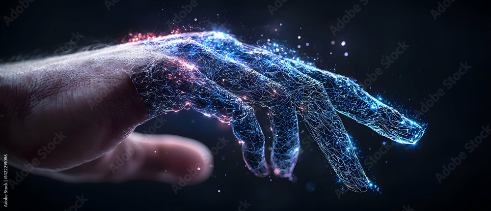 Poster an artistic image presents a hand merging with a network of glowing blue lines symbolizing technolog
