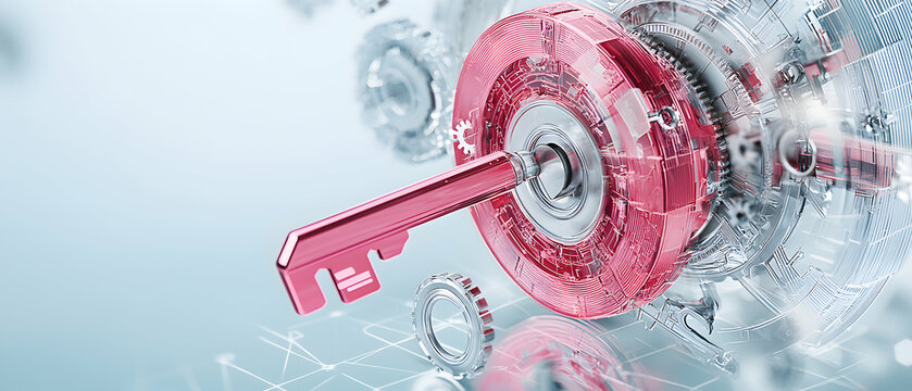 An artistic rendering showcases a red key unlocking intricate machinery. It symbolizes access security and technological solutions. Perfect for cybersecurity campaigns and tech-related promotions.