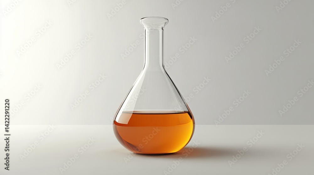 Poster clear glass flask filled with amber liquid on a white surface in a laboratory setting science concep