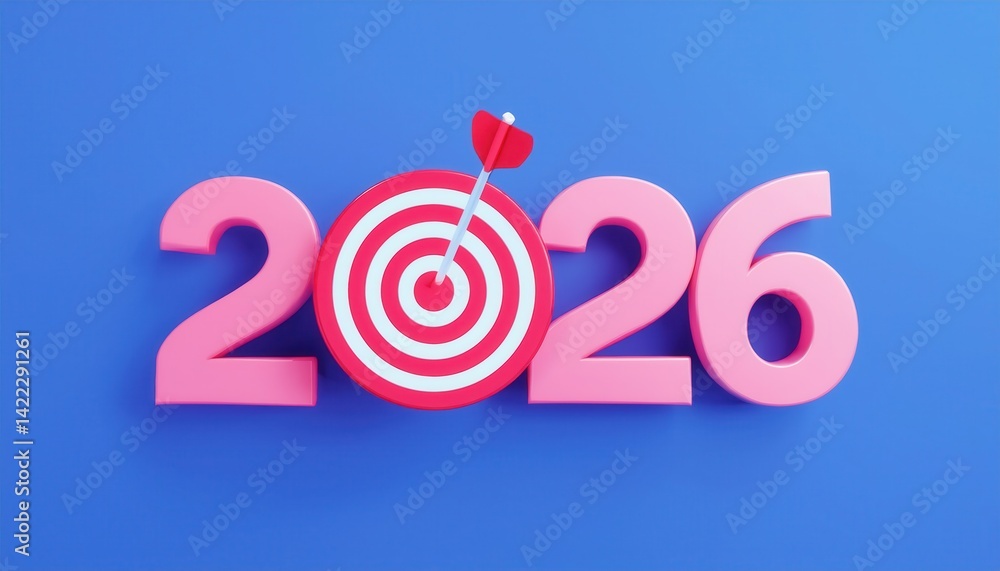 Poster 2026 target new year with dart hitting bullseye on blue background, 3d illustration for web design, 