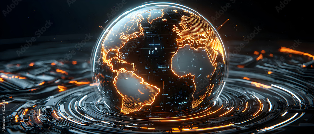 Poster a futuristic glowing globe depicting earth surrounded by intricate circuitry. this visual is suitabl
