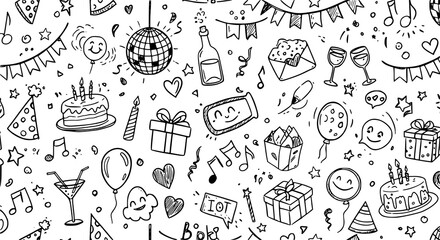 Doodle Party Birthday Celebration:  Black & White Hand Drawn Vector 