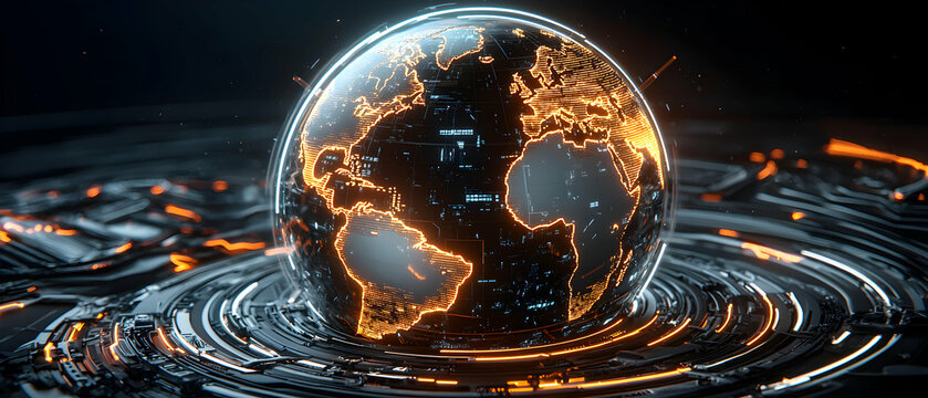 A futuristic glowing globe depicting Earth surrounded by intricate circuitry. This visual is suitable for tech presentations promoting global connectivity and data.