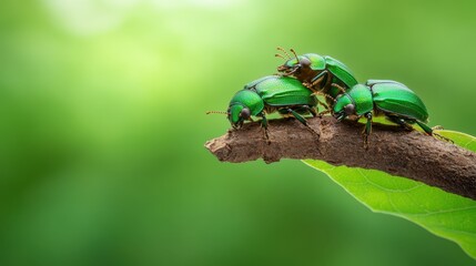 Three shiny green beetles crawl on a branch with a soft out-of-focus green background, showcasing nature's vivid colors and intricate details of these insects.