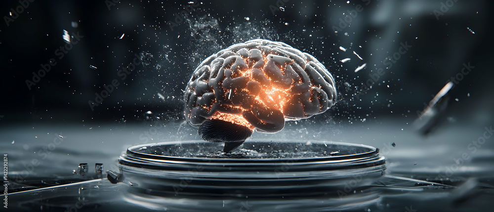 Poster a glowing brain inside a glass container. the image suggests the power of knowledge exploration and 