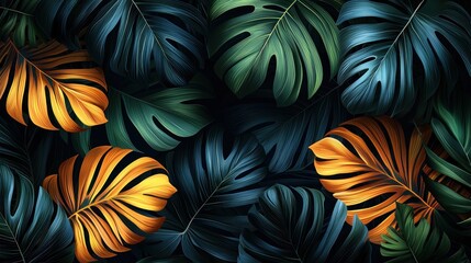 Lush Tropical Paradise: A symphony of Golden and Teal Monstera Leaves