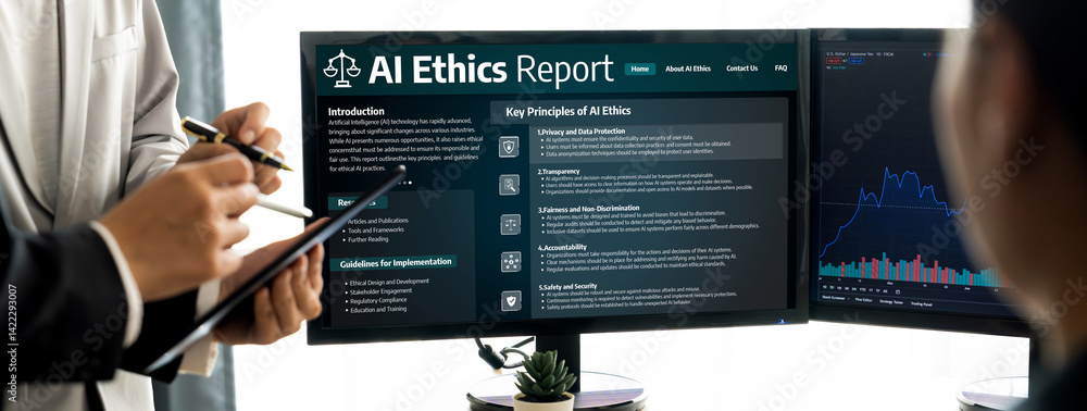 Poster ai ethics responsibility standard law and rules on computer screen provide report of ai ethic transp