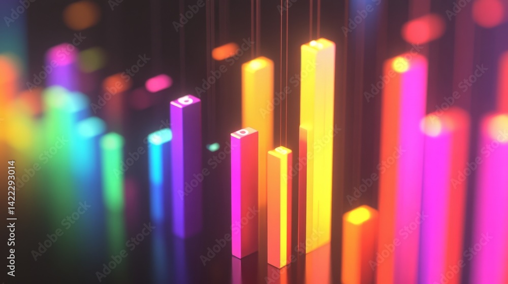 Poster a close-up of a d bar graph with glowing edges on each bar, representing different data sets, agains