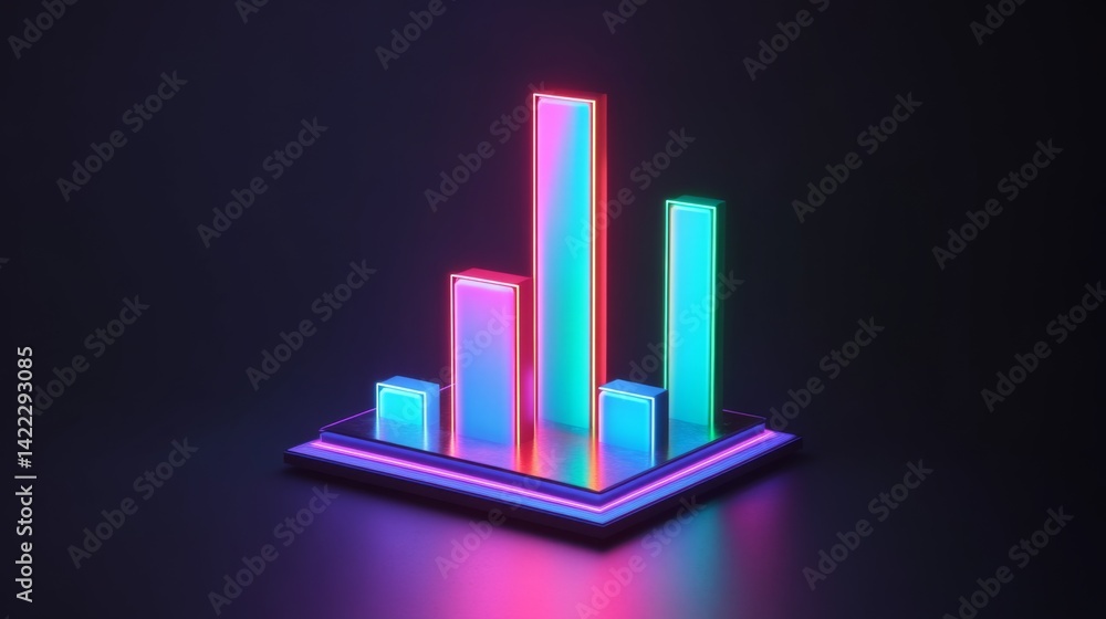Poster a close-up of a d bar graph with glowing edges on each bar, representing different data sets, agains