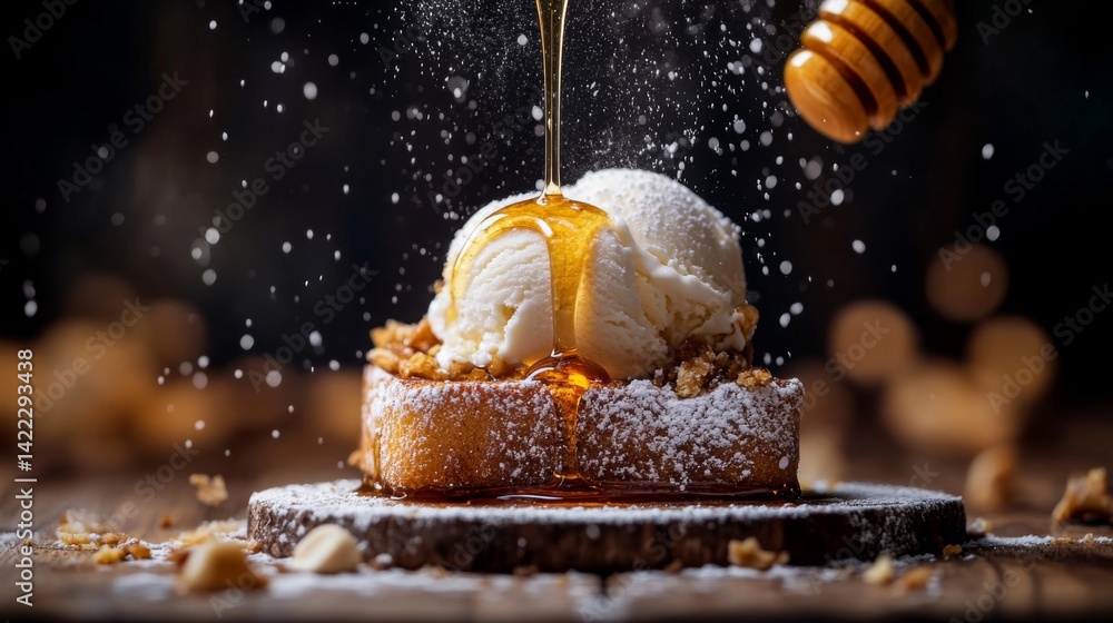 Poster a close-up of a beautifully presented honey toast topped with a scoop of vanilla ice cream, drizzled