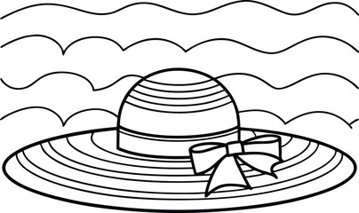 Summer straw hat with ribbon, sea waves outline, black and white